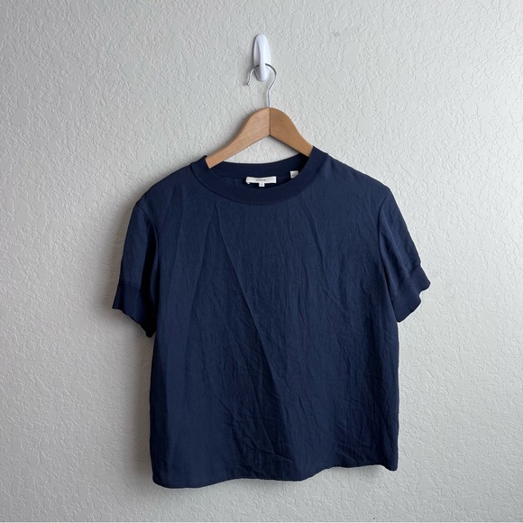 Vince Top Rib Trim Coastal Satin Crepe Crewneck Short Sleeve Relaxed - Picture 3 of 12